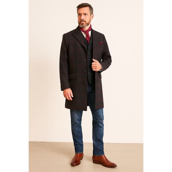 New Frontier Men’s Town Coat Burgundy Plaid Wool Long Jacket USA Western 50